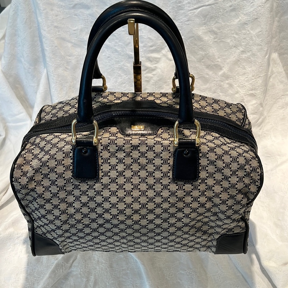 Rare Vintage Celine Canvas Macadam Boston Bag in Navy with Leather Interior